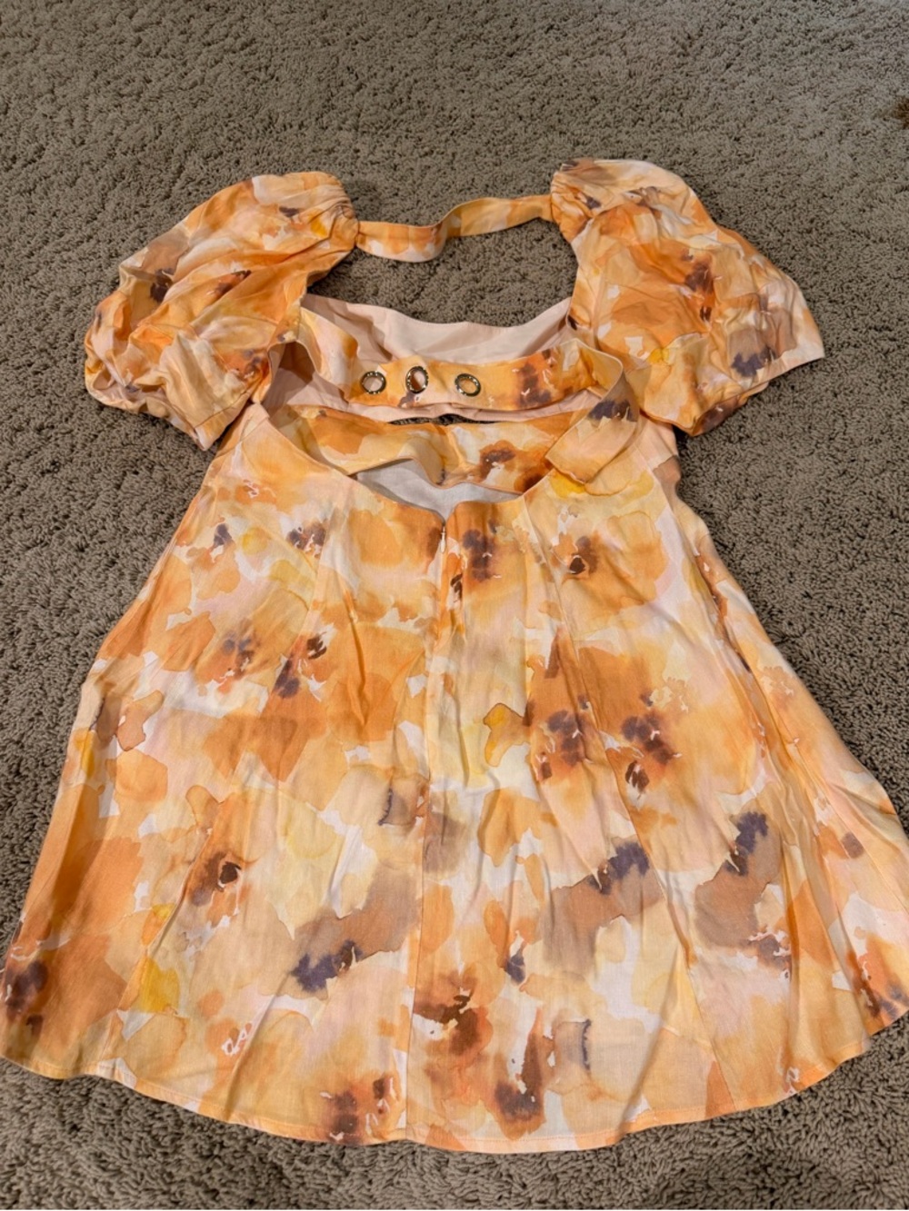 Significant Other Orange yellow watercolor puff sleeve open back dress